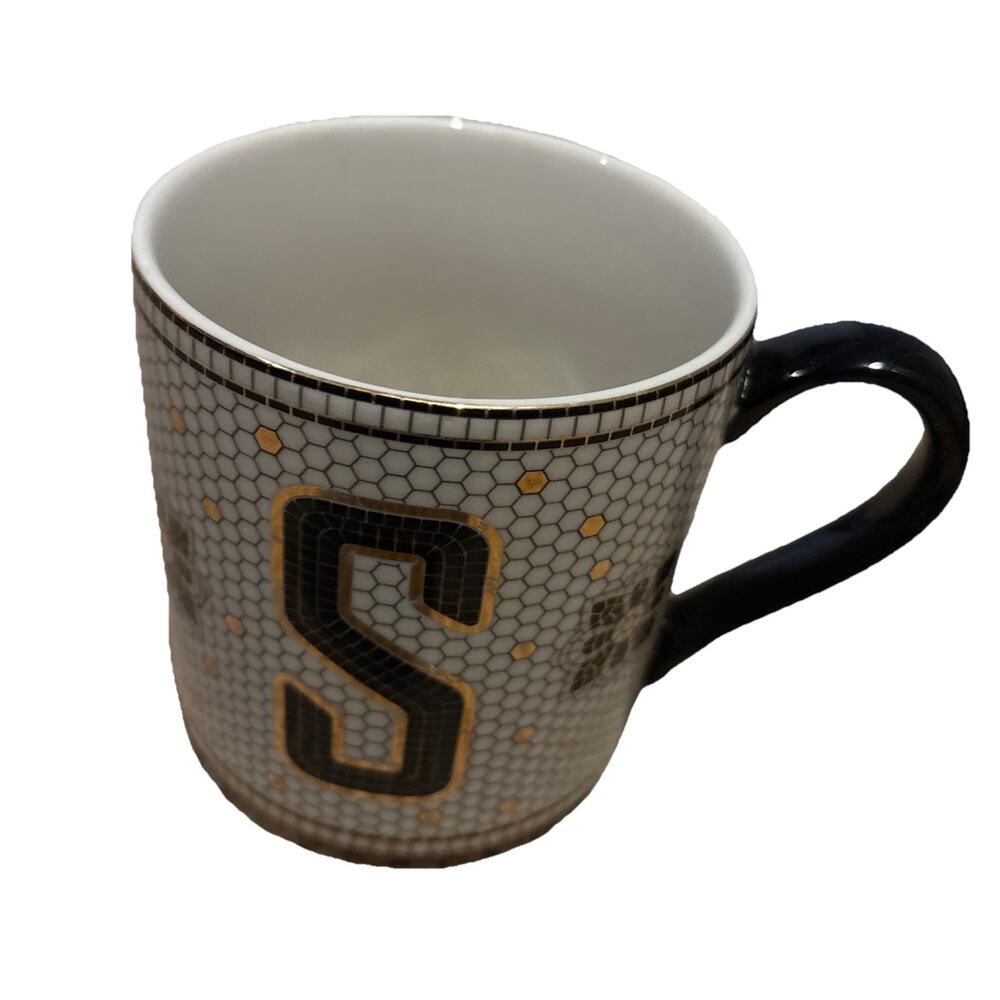 Anthropologie Monogram S Letter Initial Coffee Mug Hexagon Gold Tile Black White